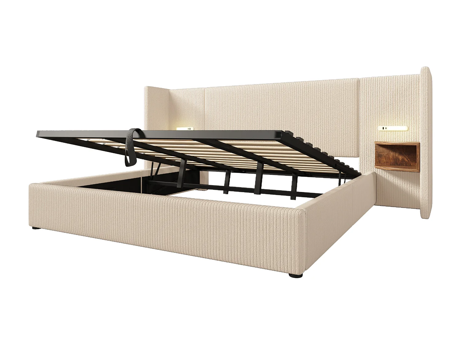 Lit coffre 180x200 cm avec tête de lit à étagère, lampe et ports USB Type C, velours côtelé, beige blanc (Sans matelas)