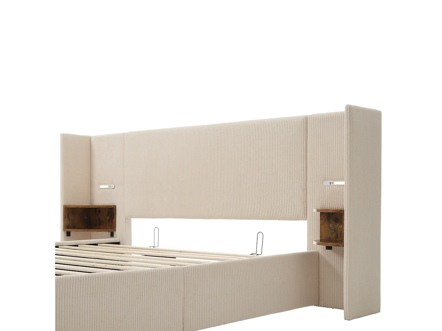 Lit coffre 180x200 cm avec tête de lit à étagère, lampe et ports USB Type C, velours côtelé, beige blanc (Sans matelas)