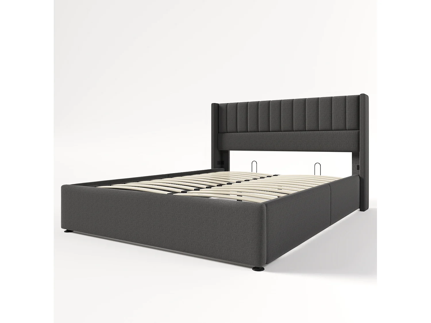 Lit coffre 160x200 cm, tête de lit rembourrée à bandes verticales, sommier relevable, lin gris (Sans matelas)
