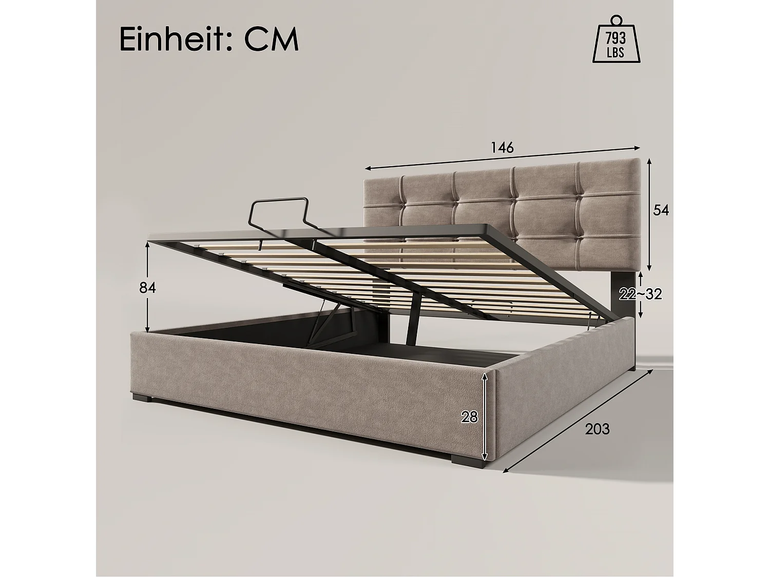 Lit coffre 140x200cm avec tête de lit réglable cadre espace de rangement - Gris - (Avec matelas)
