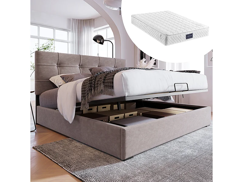 Lit coffre 140x200cm avec tête de lit réglable cadre espace de rangement - Gris - (Avec matelas)