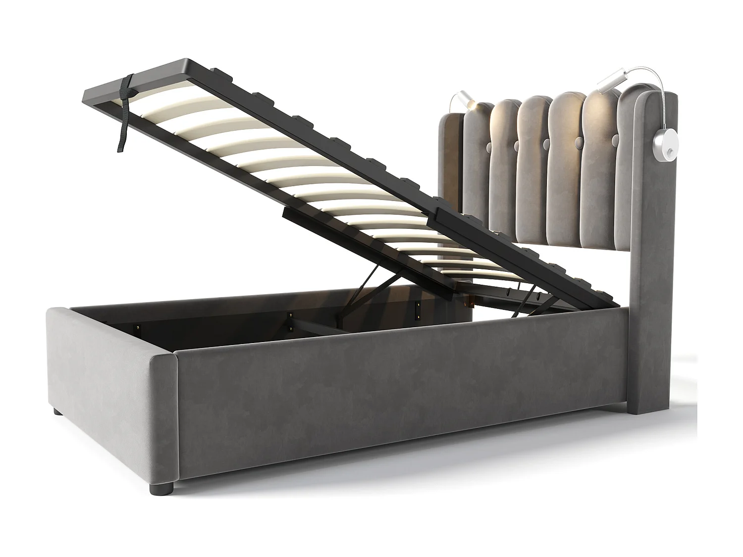 Lit Coffre 90x200cm avec LED USB espace de rangement et matelas gris pour enfants et adultes et adolescents