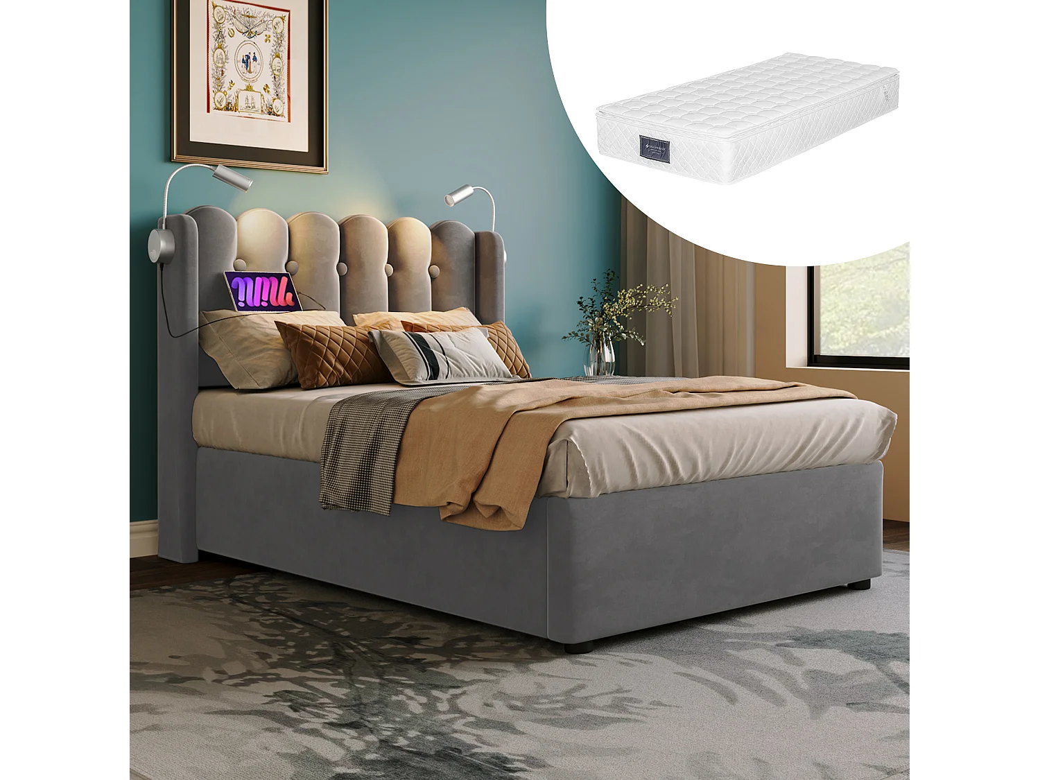 Lit Coffre 90x200cm avec LED USB espace de rangement et matelas gris pour enfants et adultes et adolescents