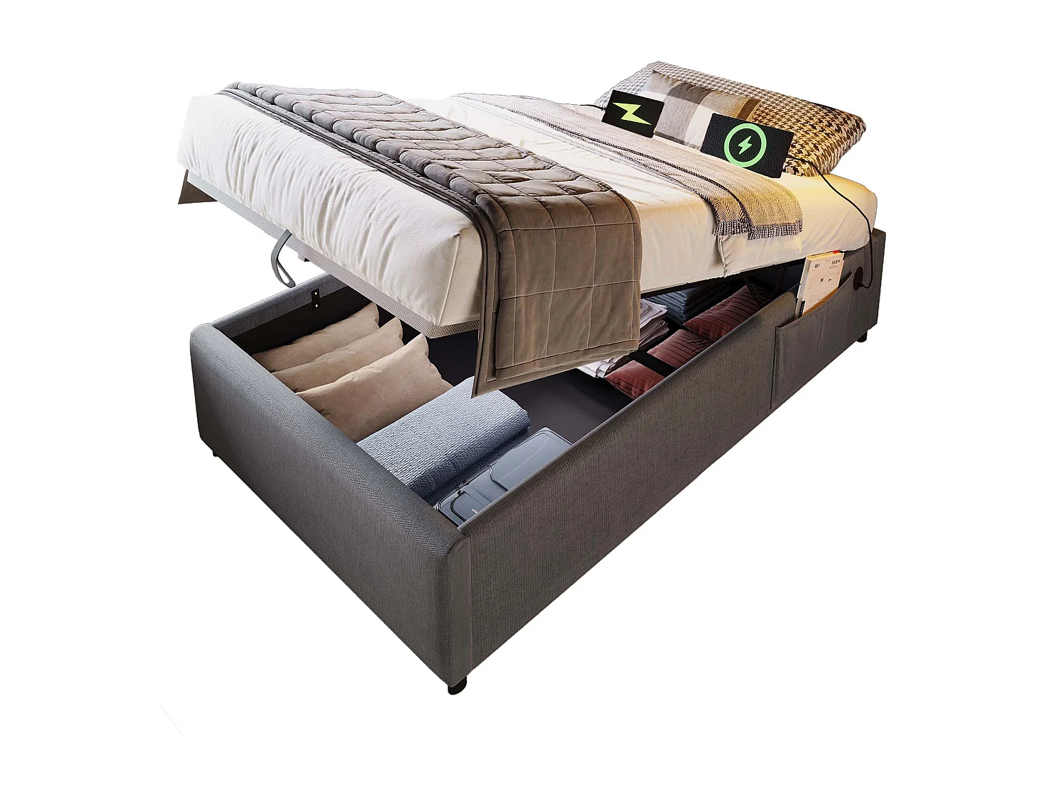 Lit coffre 90x200 cm avec USB et Type C, avec rangement hydraulique, coton et lin gris (Sans matelas)