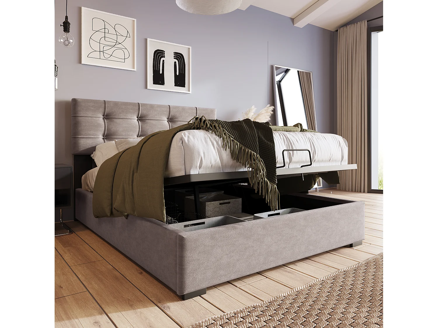 Lit coffre 90x200 cm avec rangement hydraulique et tête de lit réglable, velours gris clair (Avec matelas)