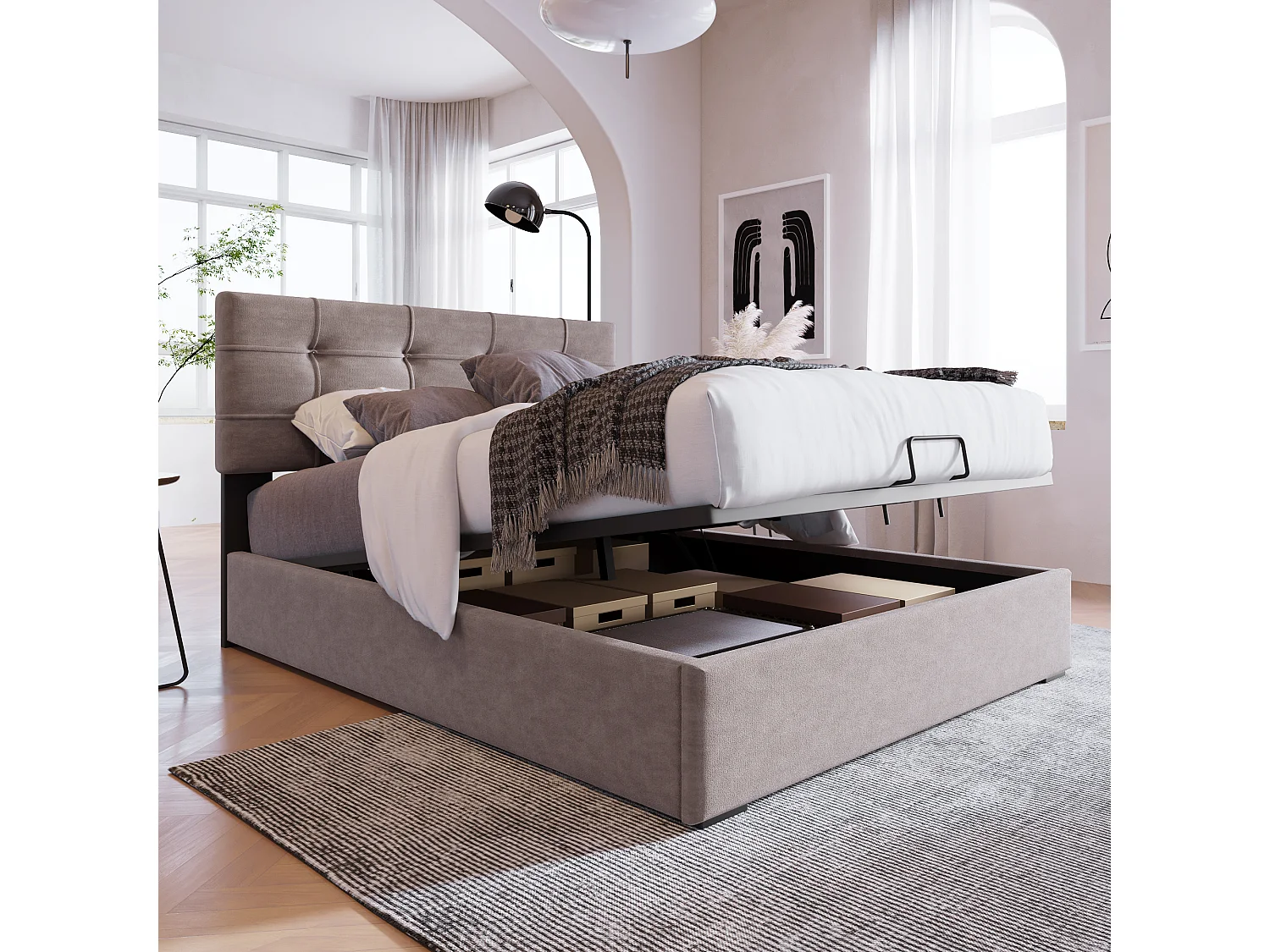 Lit coffre 90x200 cm avec rangement hydraulique et tête de lit réglable, velours gris clair (Avec matelas)