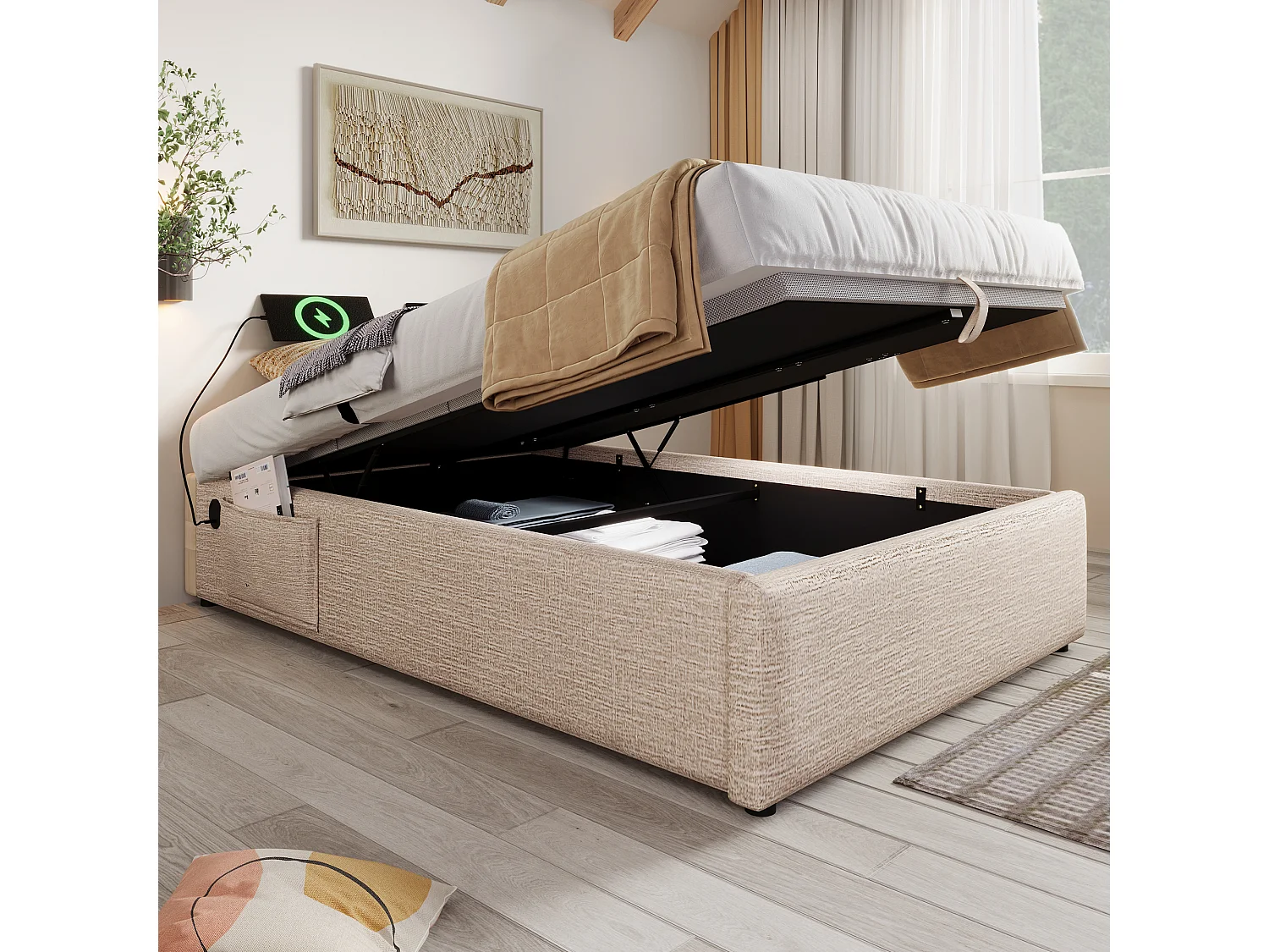 Lit coffre 90x190 cm avec USB C et rangement hydraulique, lin, naturel (Sans matelas)