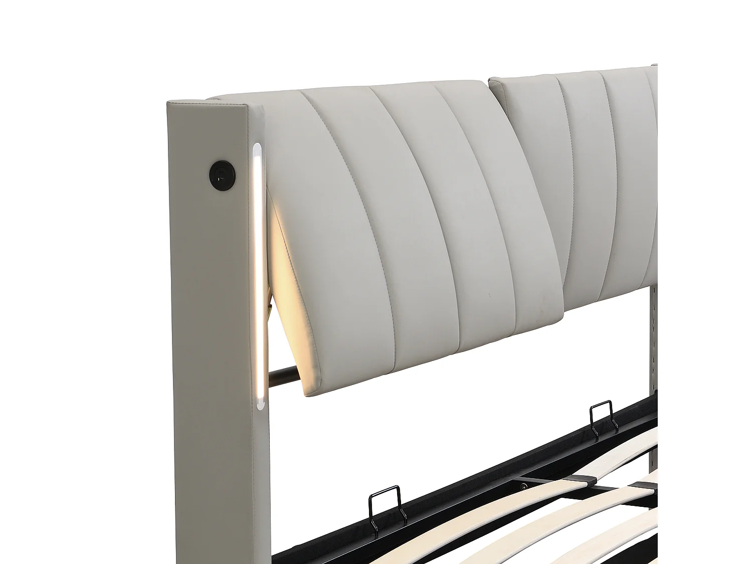 Lit coffre 160x200 cm avec sommier - tête de lit capitonnée avec LED et USB - similicuir - gris (sans matelas)