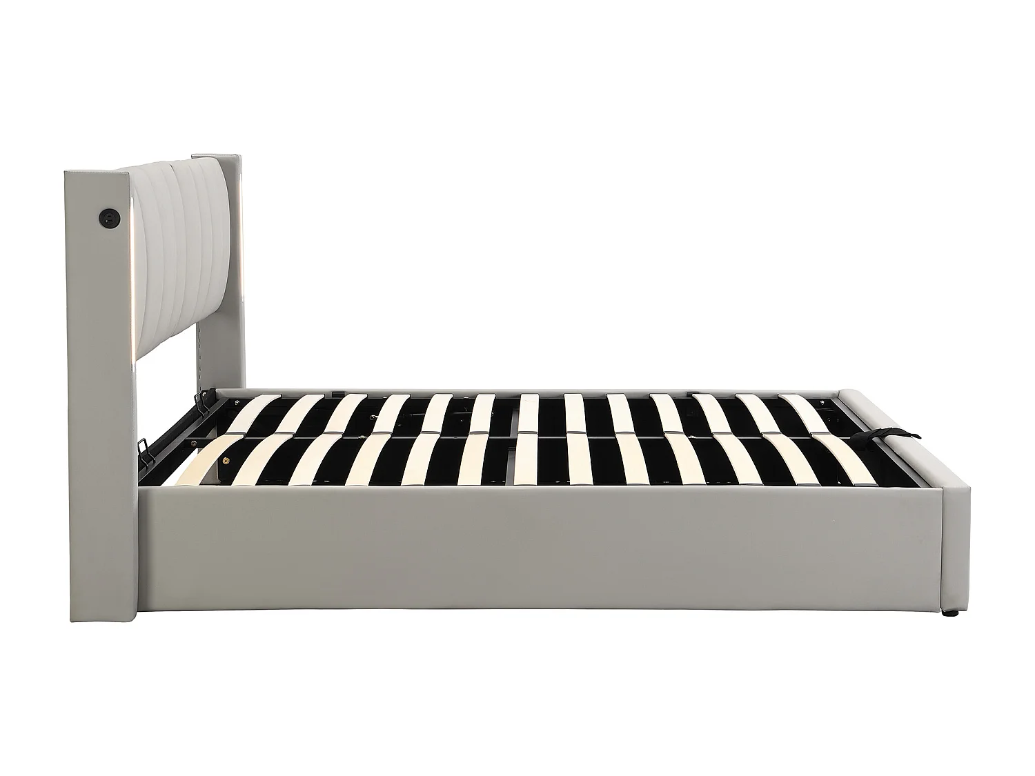 Lit coffre 160x200 cm avec USB rechargeable, LED et tête de lit réglable, PU gris (Sans matelas)