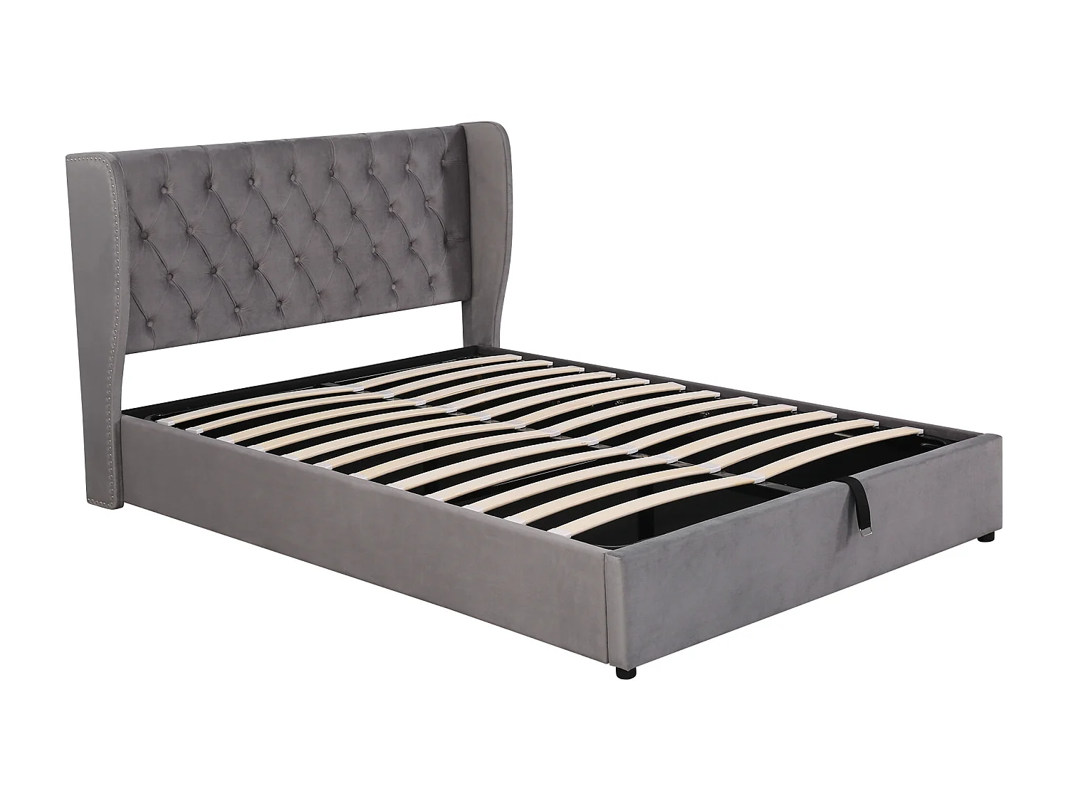 Lit coffre 140x200 cm, avec tête de lit Chesterfield et sommier à lattes, velours gris (Sans matelas)
