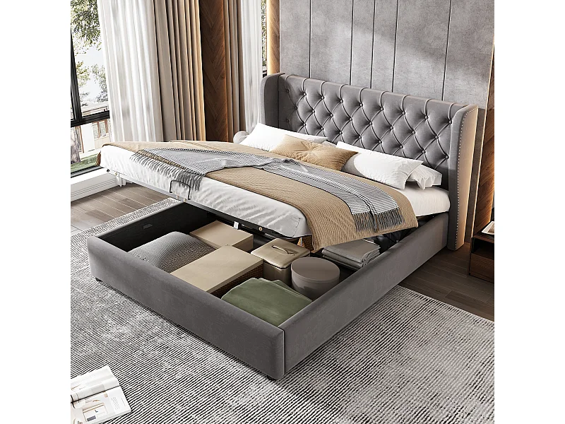 Lit coffre 140x200 cm avec sommier et tête de lit en forme d'oreillel - gris velours (sans matelas)