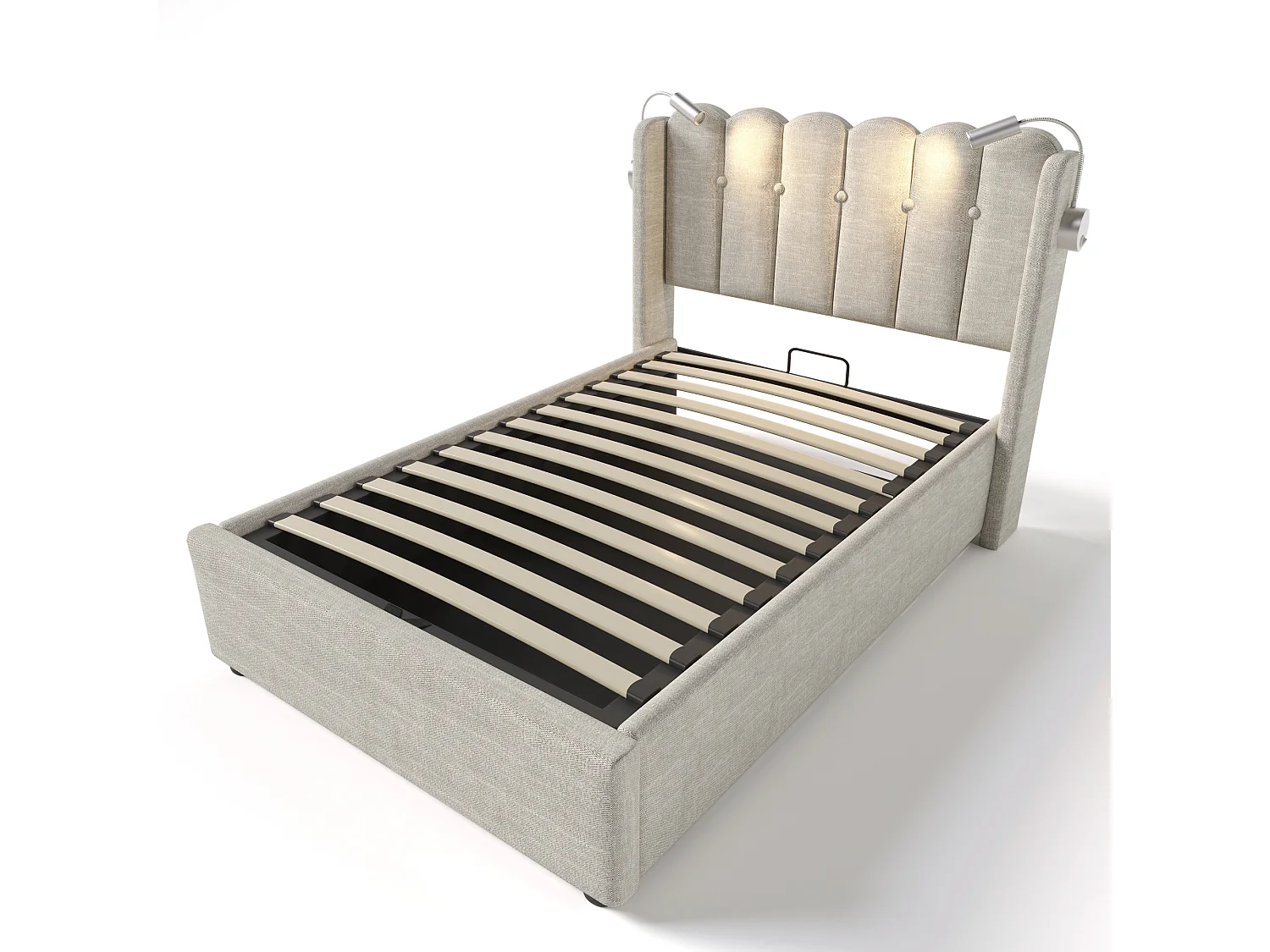 Lit coffre 90x200 cm avec liseuse et charge USB, tête de lit, lin, naturel (Sans matelas)