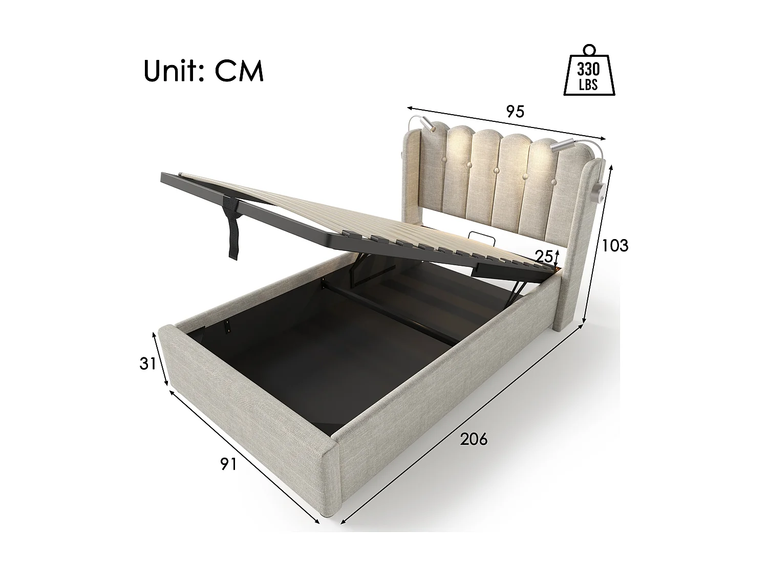 Lit coffre 90x200 cm avec liseuse et charge USB, tête de lit, lin, naturel (Sans matelas)
