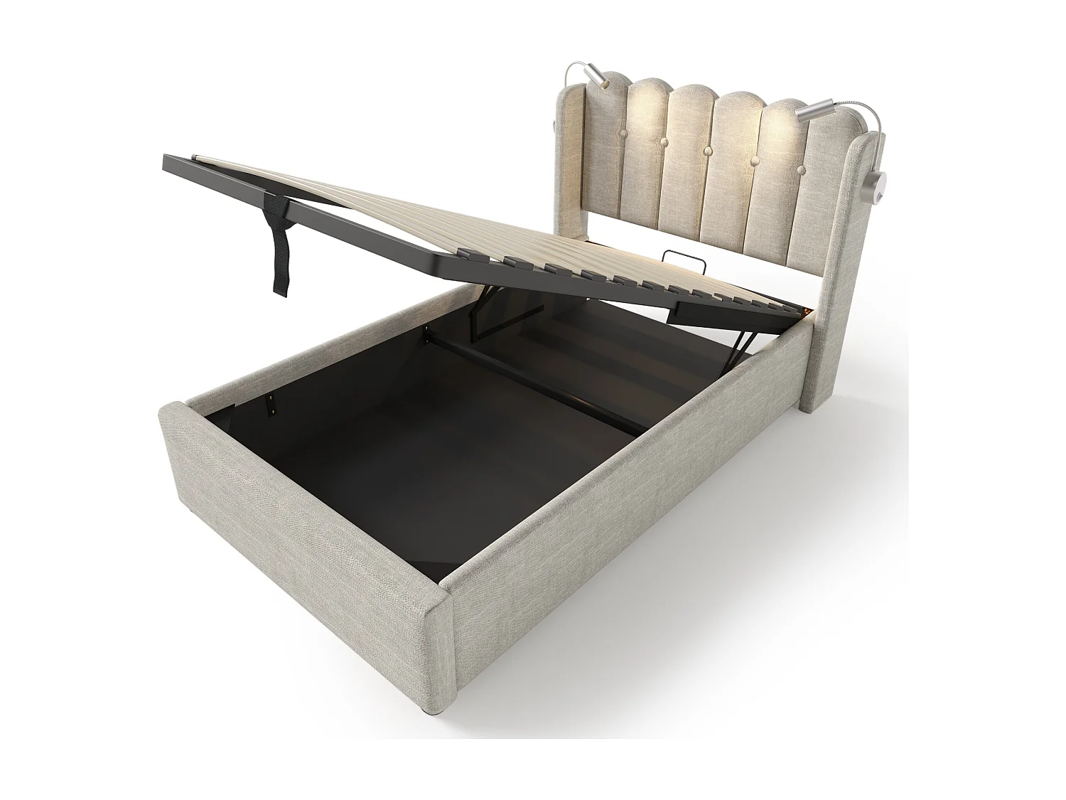 Lit coffre 90x200 cm avec liseuse et charge USB, tête de lit, lin, naturel (Sans matelas)