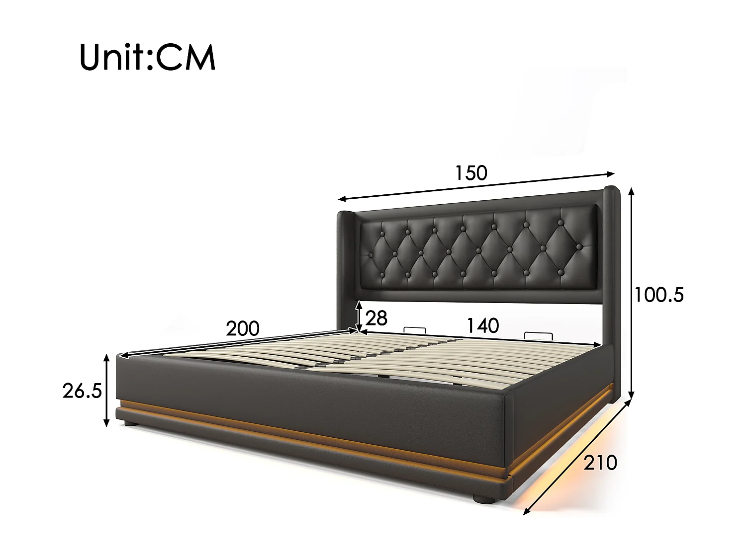 Lit coffre 140x200 cm avec LED 3 côtés et ports USB Type C, PU noir (Avec matelas)