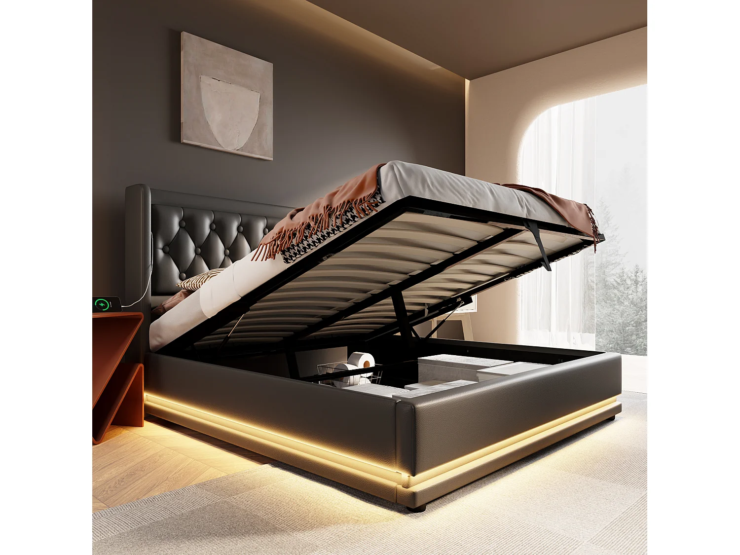 Lit coffre 140x200 cm avec LED 3 côtés et ports USB Type C, PU noir (Avec matelas)