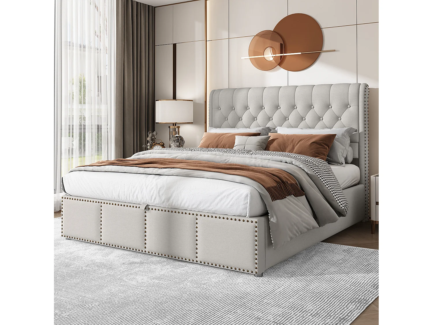 Lit coffre 140x190 cm avec tête de lit rembourrée, rangement et détails cloutés, lin gris (Sans matelas)