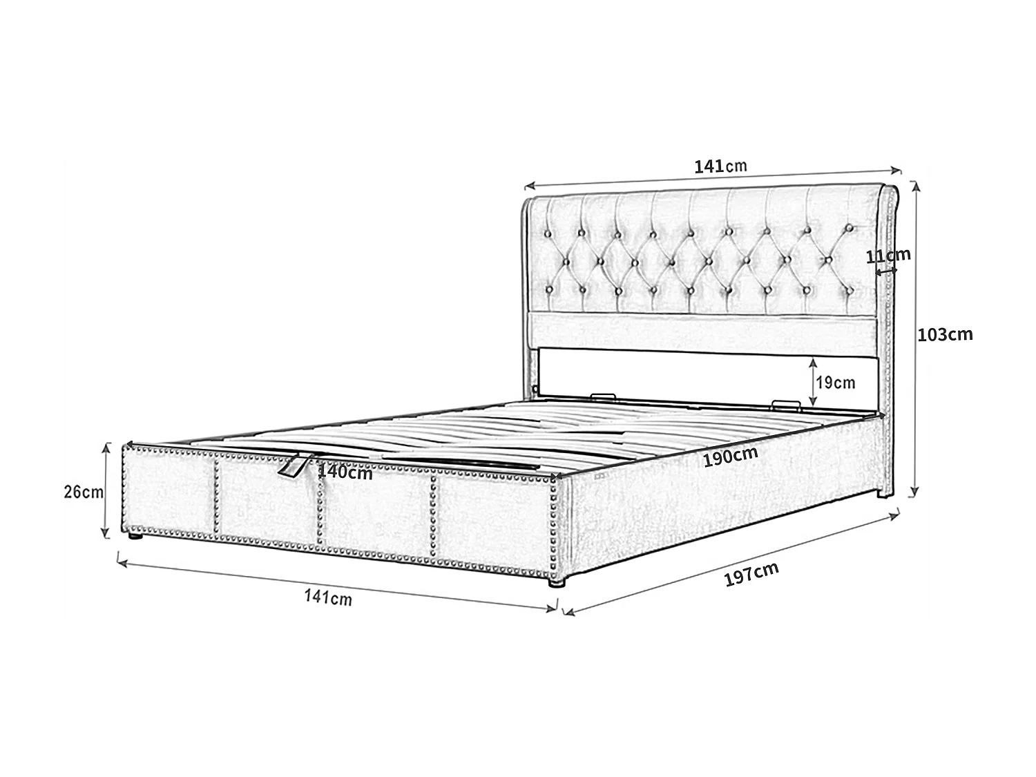 Lit coffre 140x190 cm avec sommier à lattes - tête de lit capitonnée en lin - gris (sans matelas)