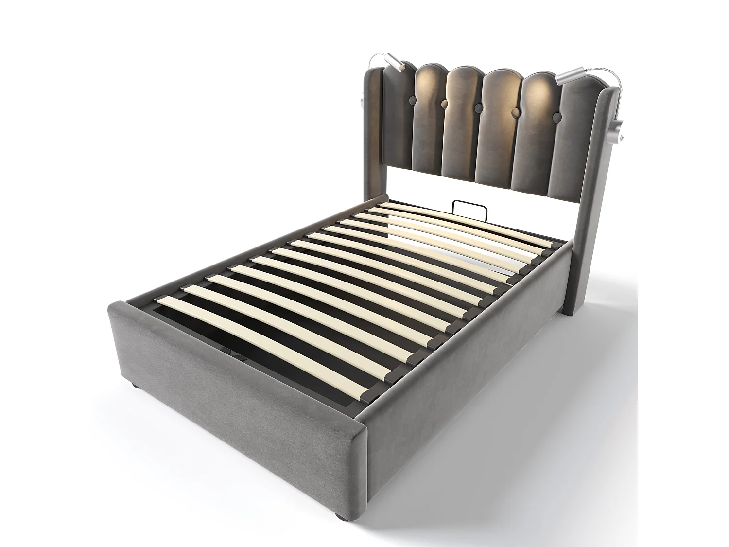 Lit coffre 90x200 cm, tête de lit avec liseuse et 2 USB, sommier à lattes, velours gris (Sans matelas)