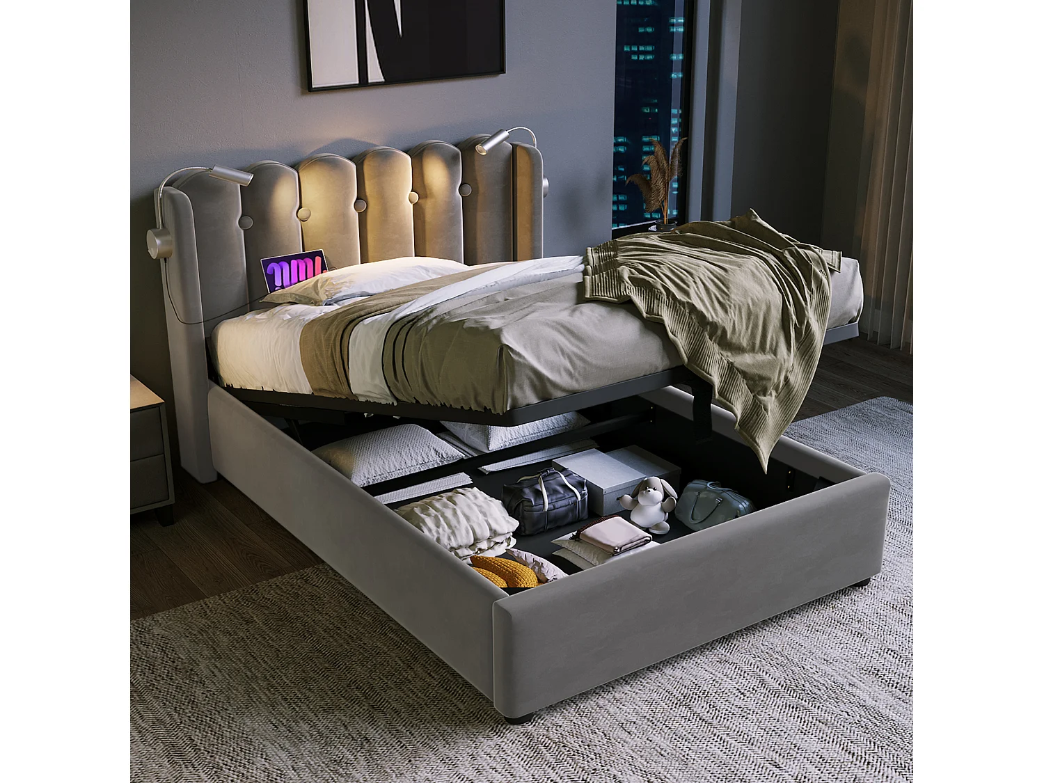 Lit coffre 90x200 cm, tête de lit avec liseuse et 2 USB, sommier à lattes, velours gris (Sans matelas)