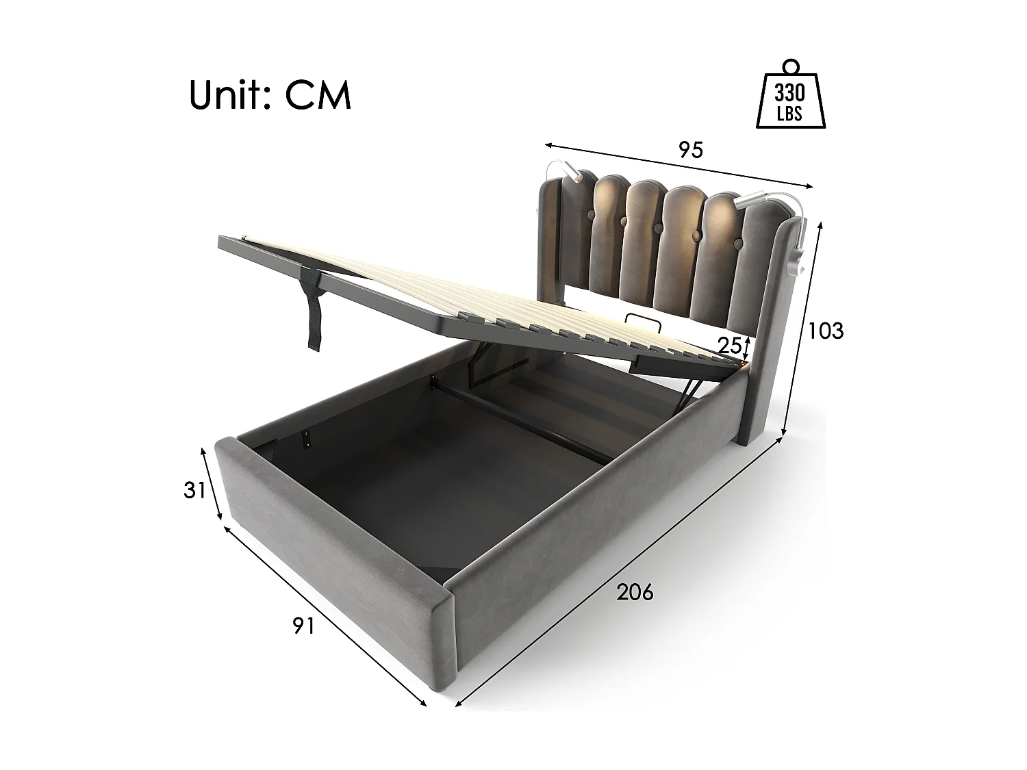 Lit coffre 90x200 cm, tête de lit avec liseuse et 2 USB, sommier à lattes, velours gris (Sans matelas)