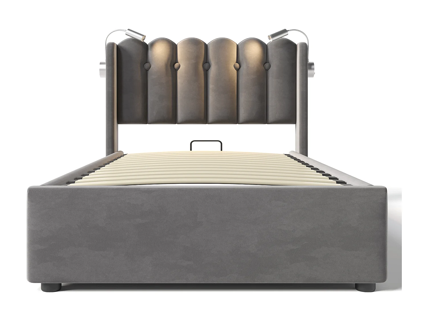 Lit coffre 90x200 cm, tête de lit avec liseuse et 2 USB, sommier à lattes, velours gris (Sans matelas)