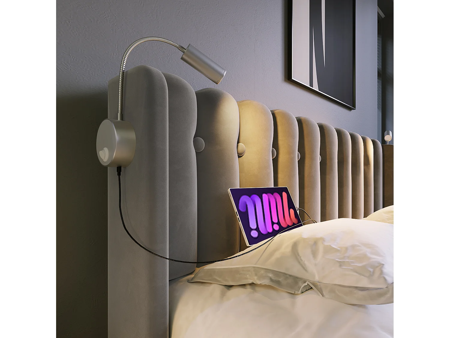 Lit coffre 90x200 cm, tête de lit avec liseuse et 2 USB, sommier à lattes, velours gris (Sans matelas)
