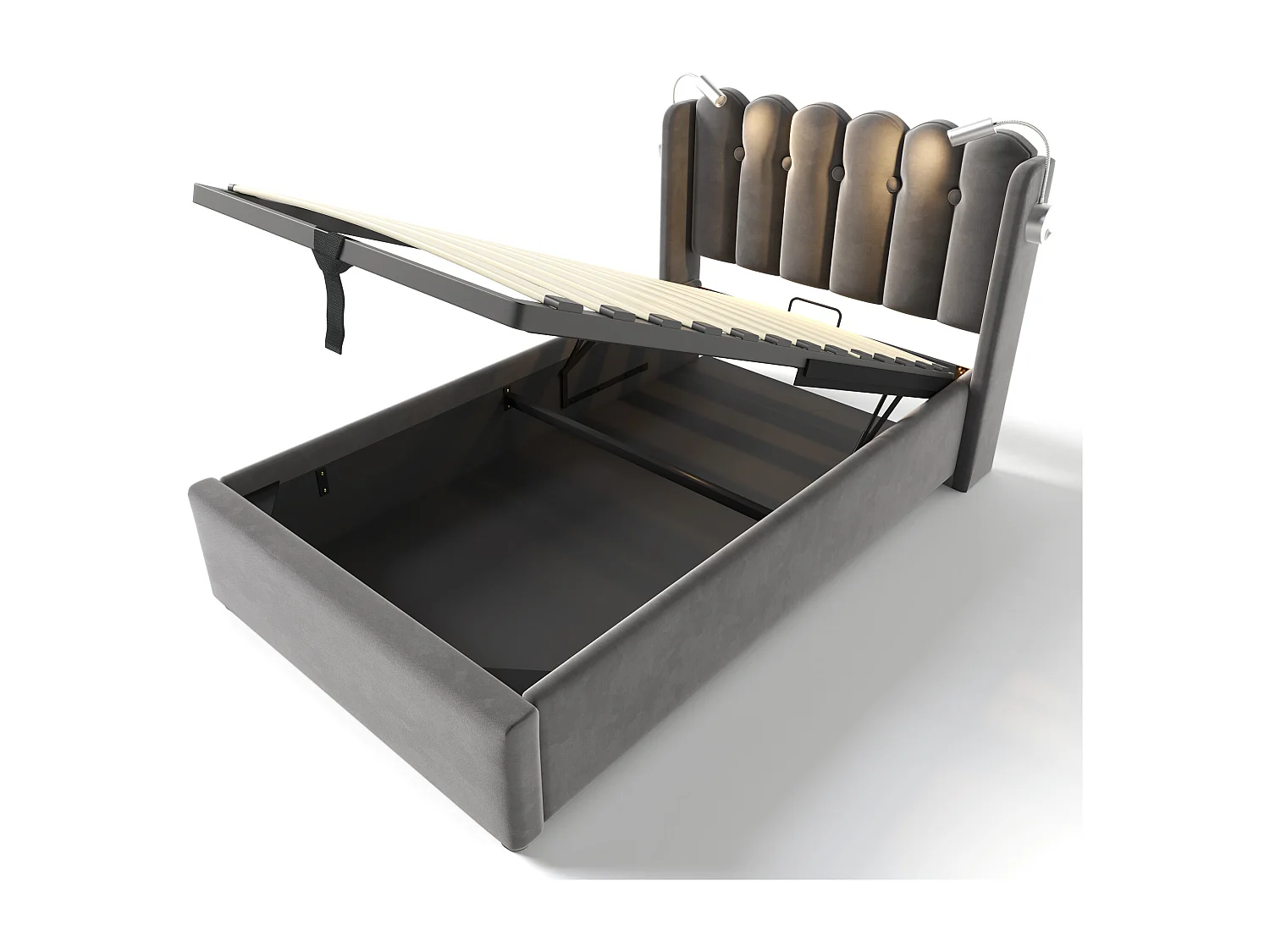 Lit coffre 90x200 cm, tête de lit avec liseuse et 2 USB, sommier à lattes, velours gris (Sans matelas)