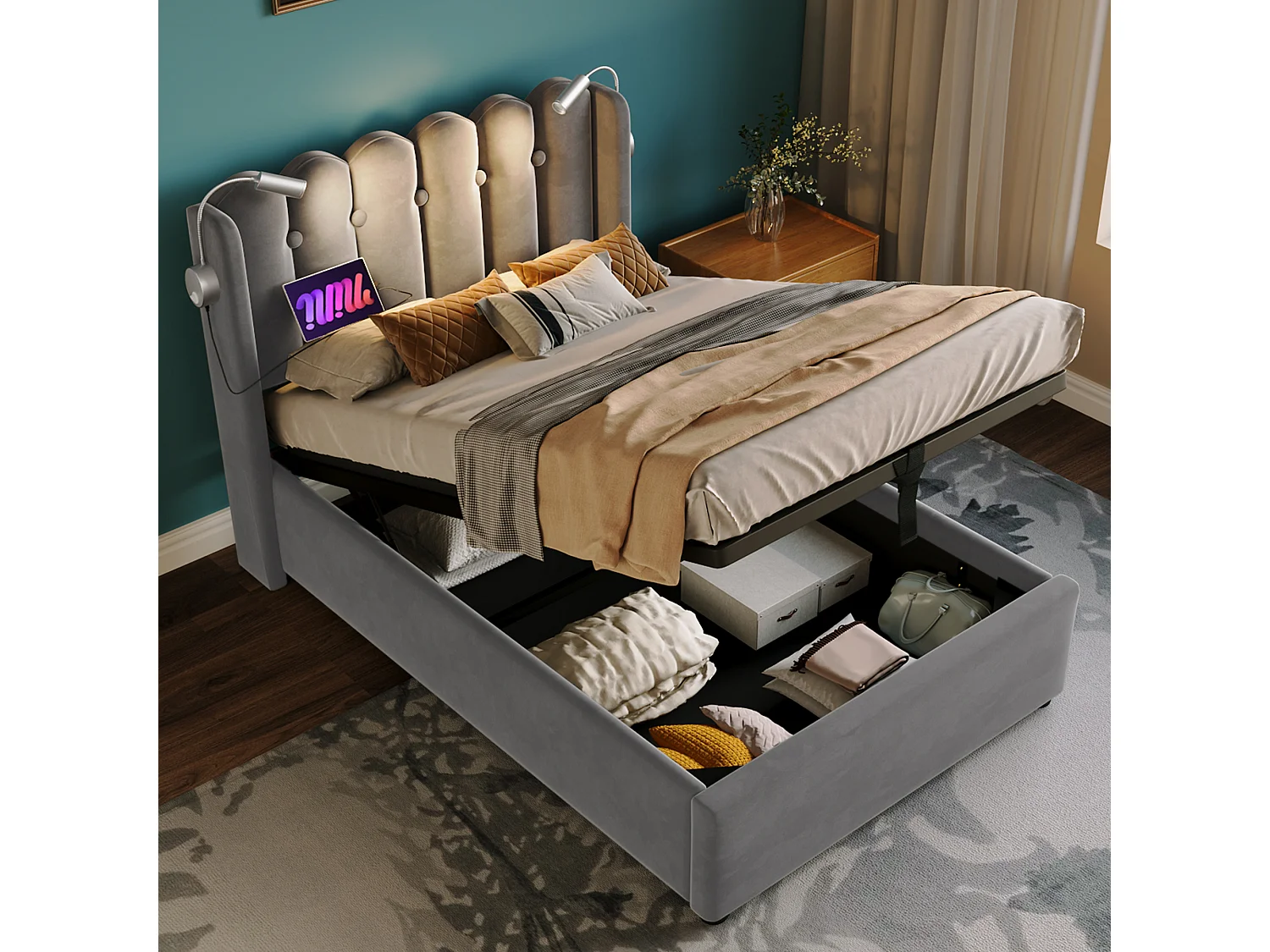 Lit coffre 90x200 cm, tête de lit avec liseuse et 2 USB, sommier à lattes, velours gris (Sans matelas)