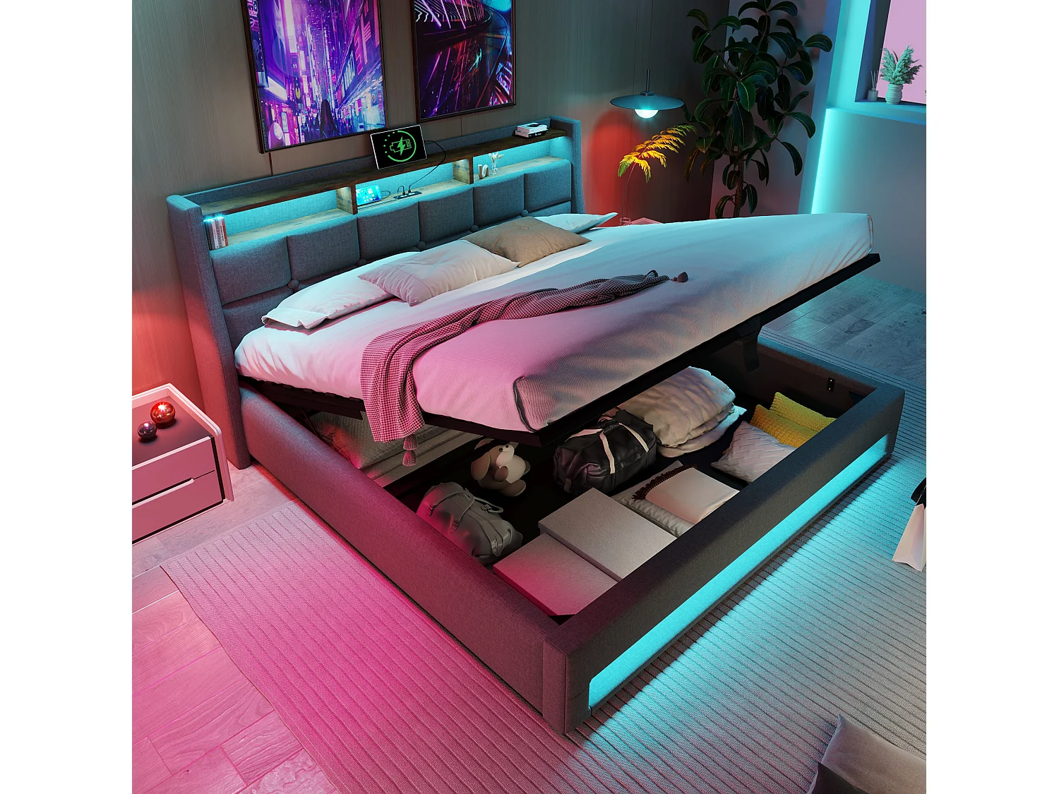 Lit coffre 140x200 cm avec LED, USB et tête de lit rembourrée en lin gris (Avec matelas)