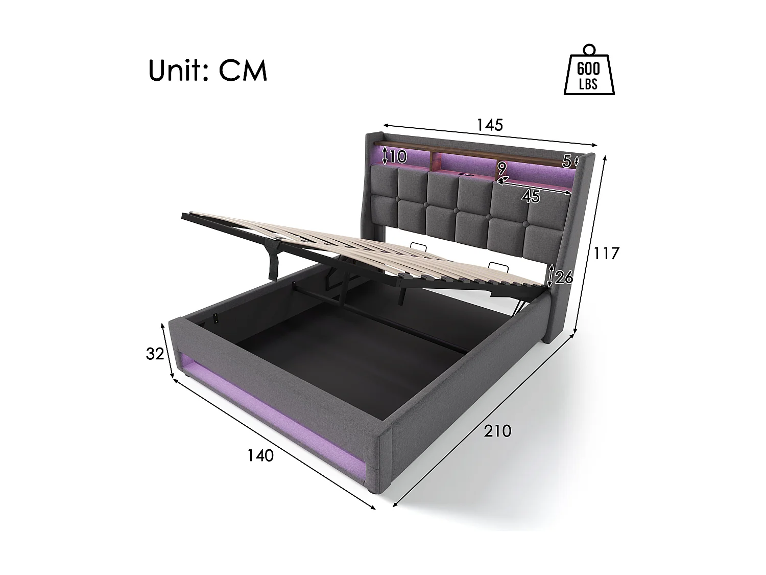Lit coffre 140x200 cm avec LED, USB et tête de lit rembourrée en lin gris (Avec matelas)
