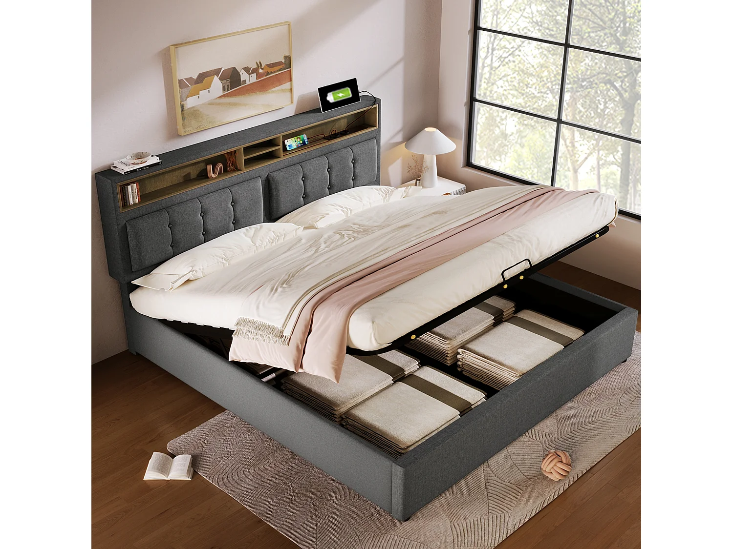 Lit coffre 140x200 cm avec avec sommier - tête de lit avec rangement et USB - tissu lin - gris (sans matelas)