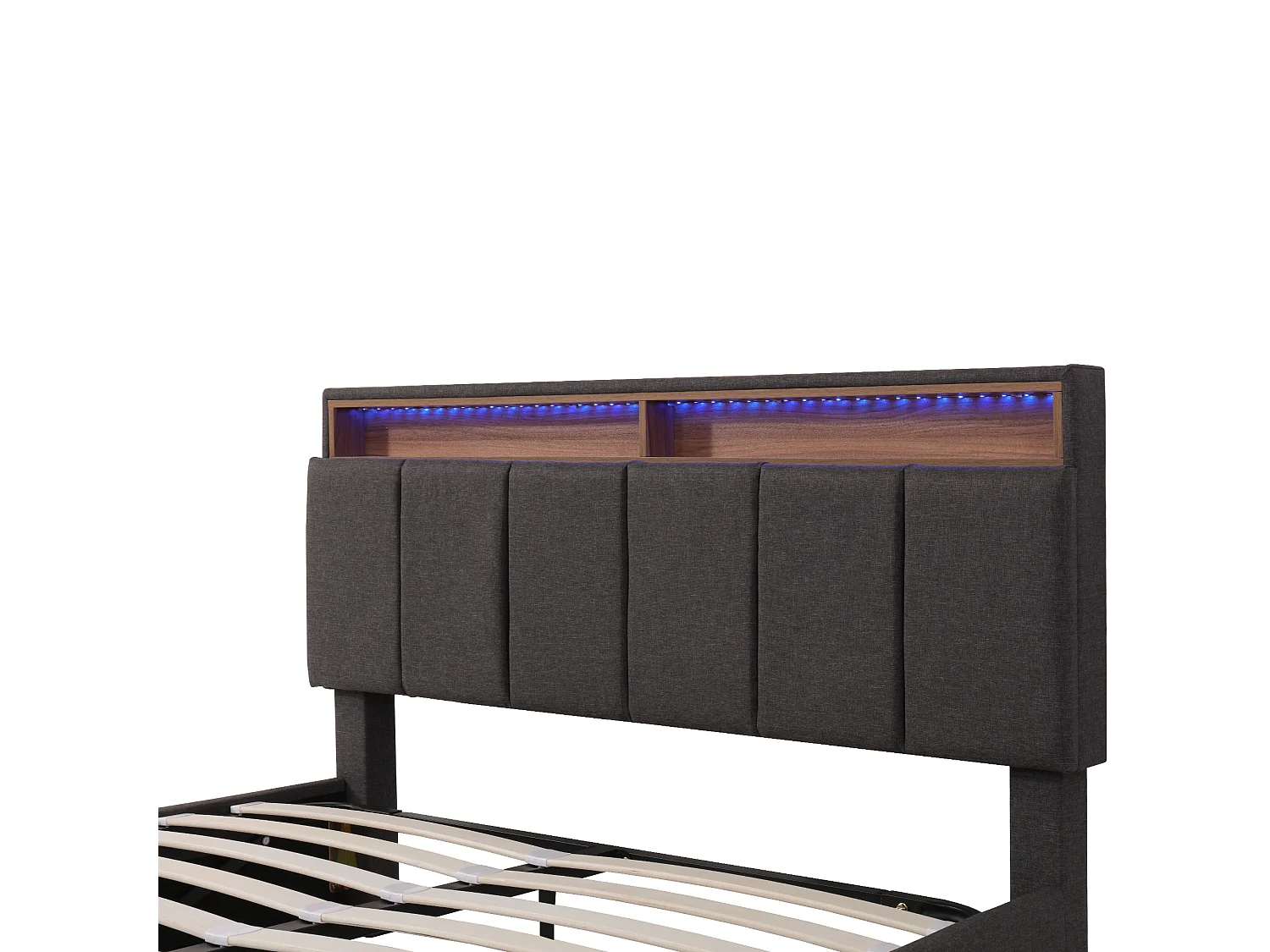 Lit coffre 140x190 cm avec LED, avec sommier et rangement sous le lit, acier et lin gris (Sans matelas)