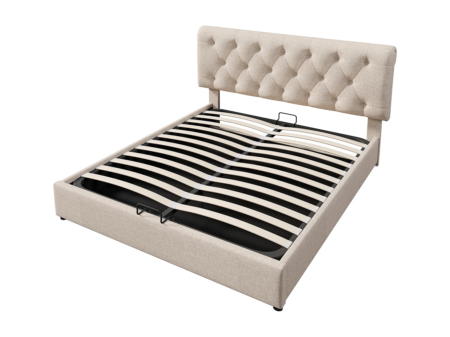 Lit coffre 140x200 cm avec tête de lit réglable et matelas inclus, cadre à lattes, lin, naturel (Avec matelas)