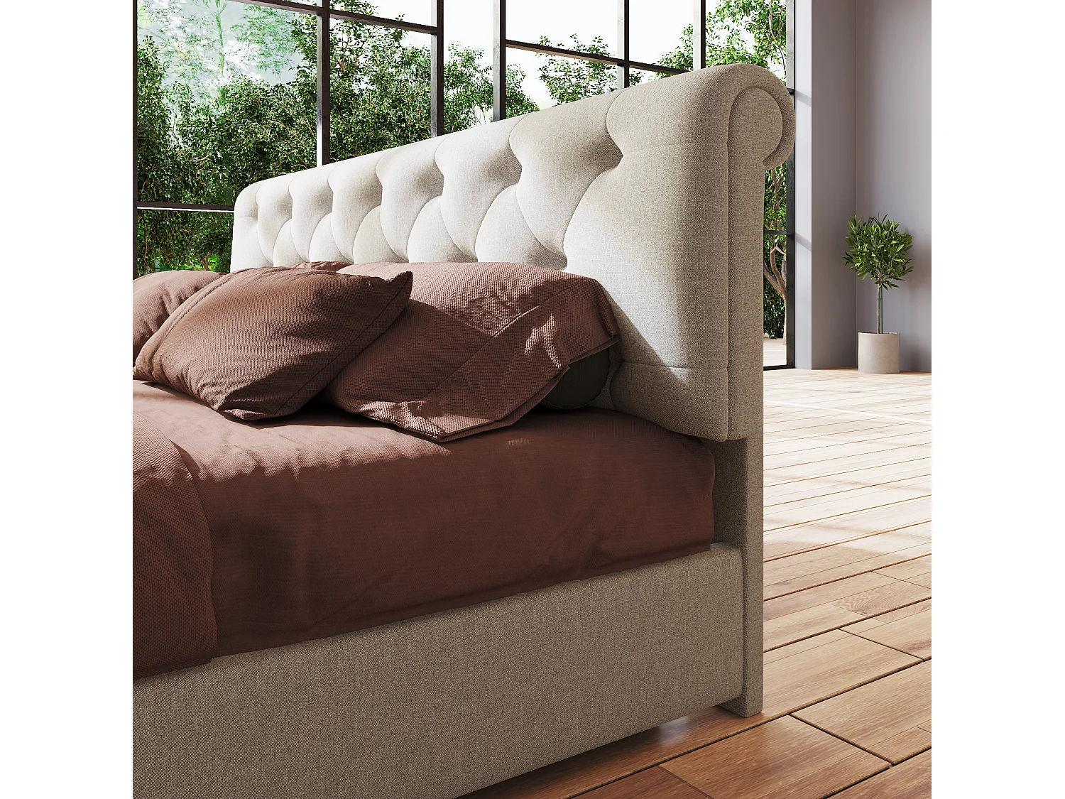 Lit coffre 140x200 cm avec tête de lit réglable et matelas inclus, cadre à lattes, lin, naturel (Avec matelas)