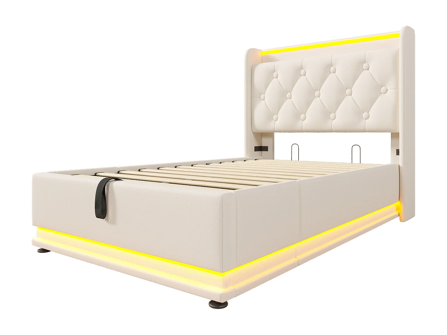 Lit coffre 90x200 cm avec LED 360°, rangement hydraulique, USB et USB C, PU blanc (Sans matelas)