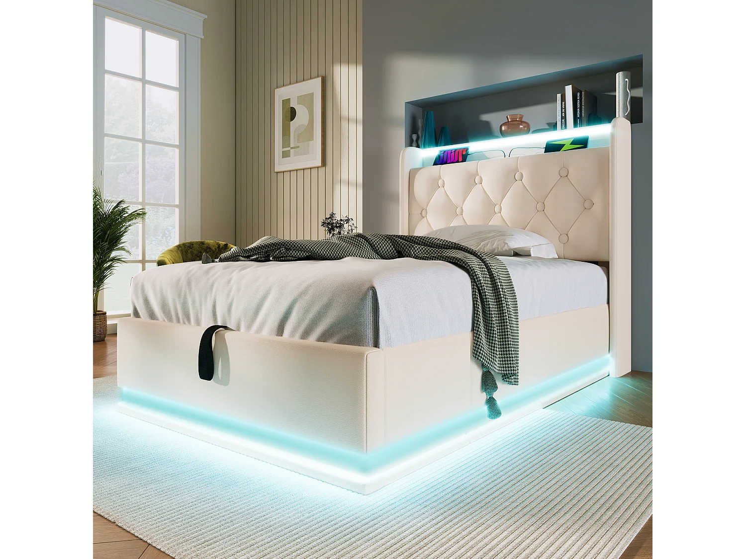 Lit coffre 90x200 cm avec LED 360°, rangement hydraulique, USB et USB C, PU blanc (Sans matelas)