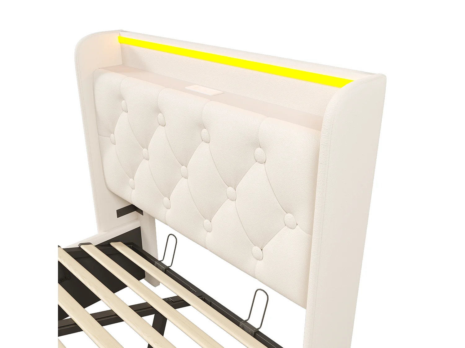 Lit coffre 90x200 cm avec LED 360°, rangement hydraulique, USB et USB C, PU blanc (Sans matelas)