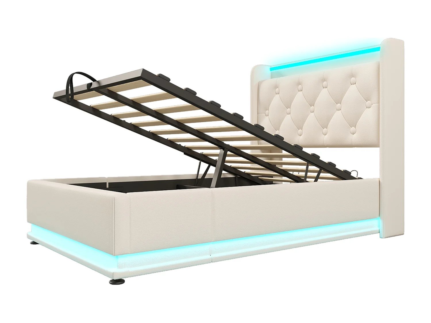 Lit coffre 90x200 cm avec LED 360°, rangement hydraulique, USB et USB C, PU blanc (Sans matelas)