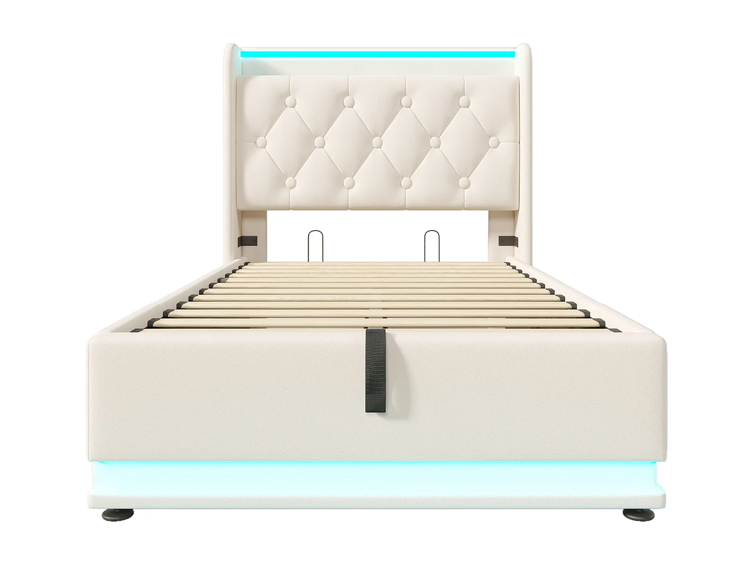 Lit coffre 90x200 cm avec LED 360°, rangement hydraulique, USB et USB C, PU blanc (Sans matelas)