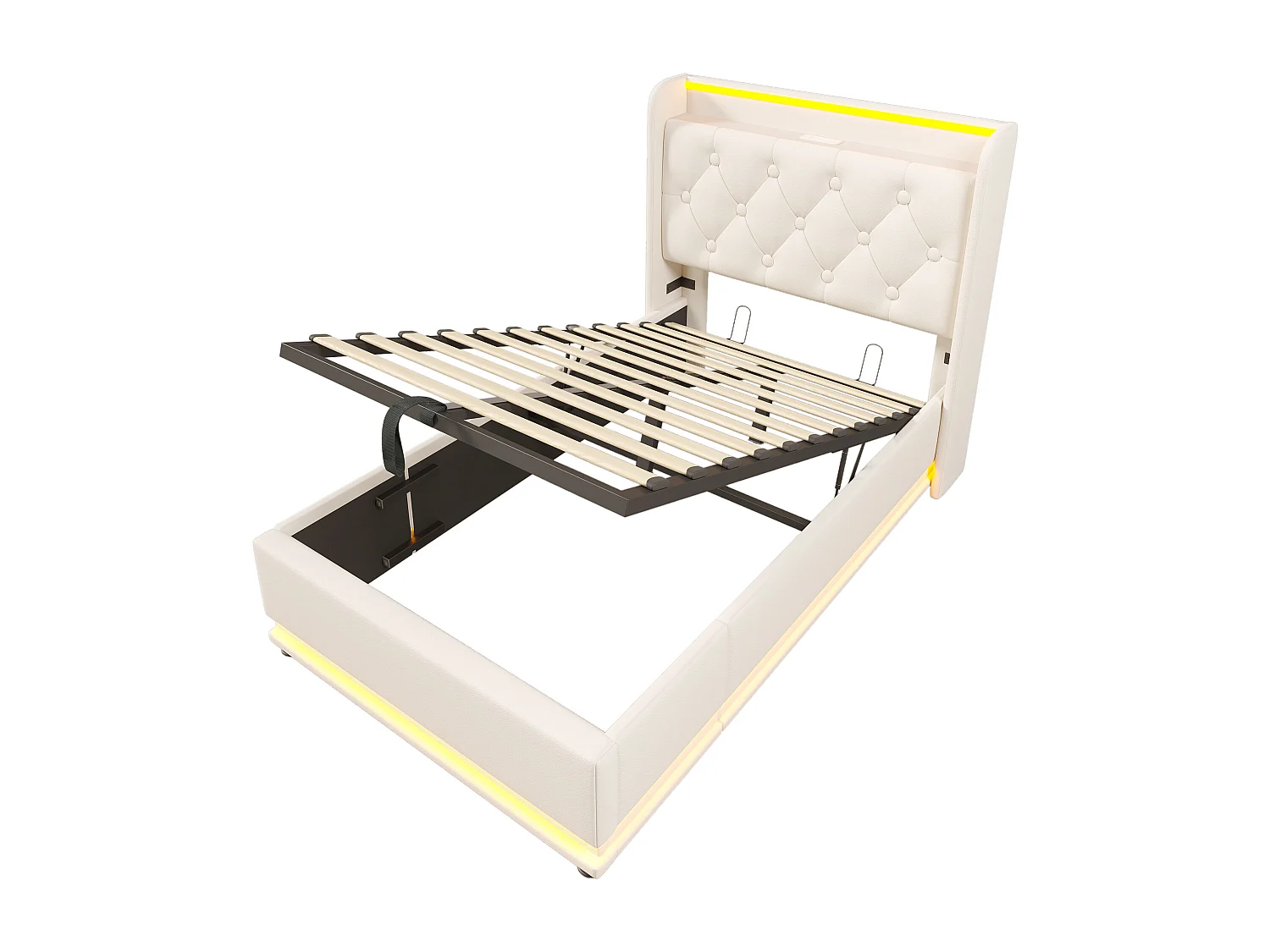 Lit coffre 90x200 cm avec LED 360°, rangement hydraulique, USB et USB C, PU blanc (Sans matelas)