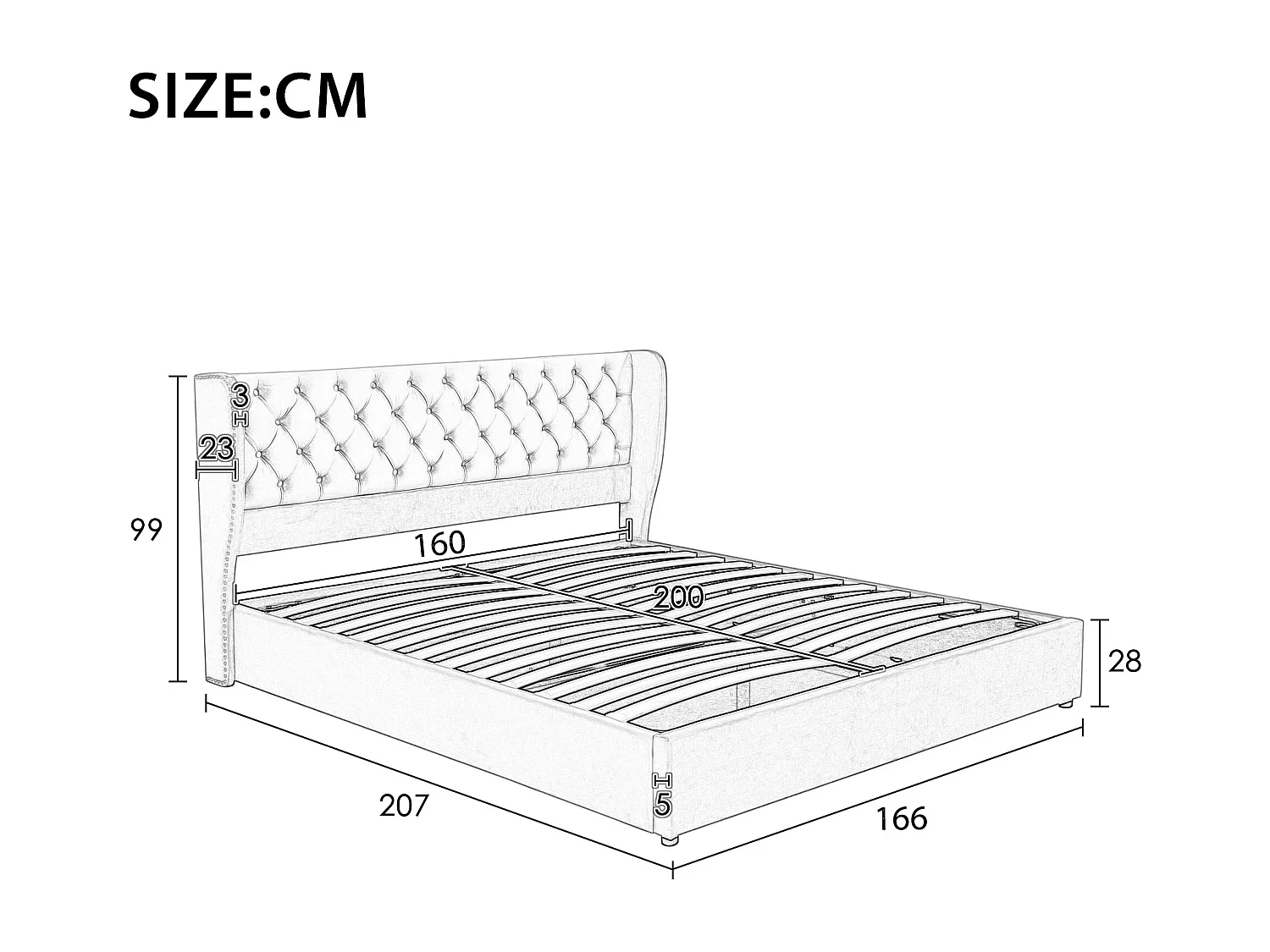 Lit coffre 160x200 cm avec tête de lit Chesterfield et sommier à lattes en velours beige (Sans matelas)