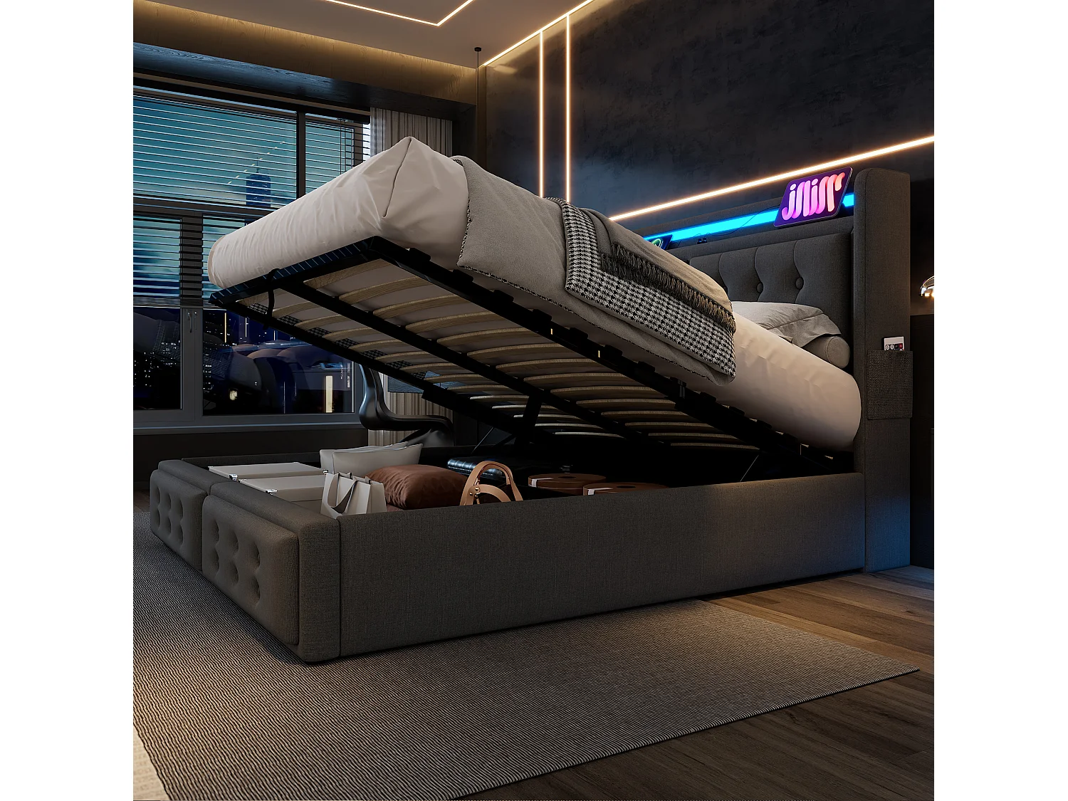 Lit coffre 180x200 cm avec LED, prises et USB Type C, tête de lit, coton et lin gris (Sans matelas)