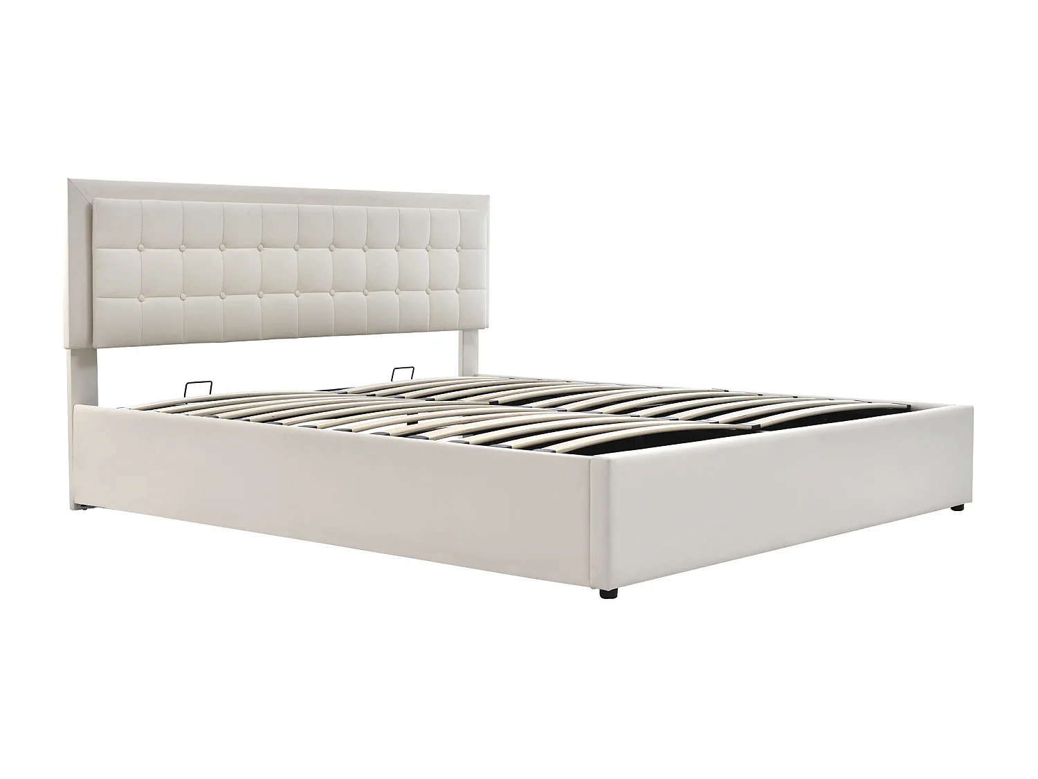 Lit coffre 140x200 cm, LED et sommier à lattes, rangement hydraulique, similicuir PU blanc(Sans matelas)