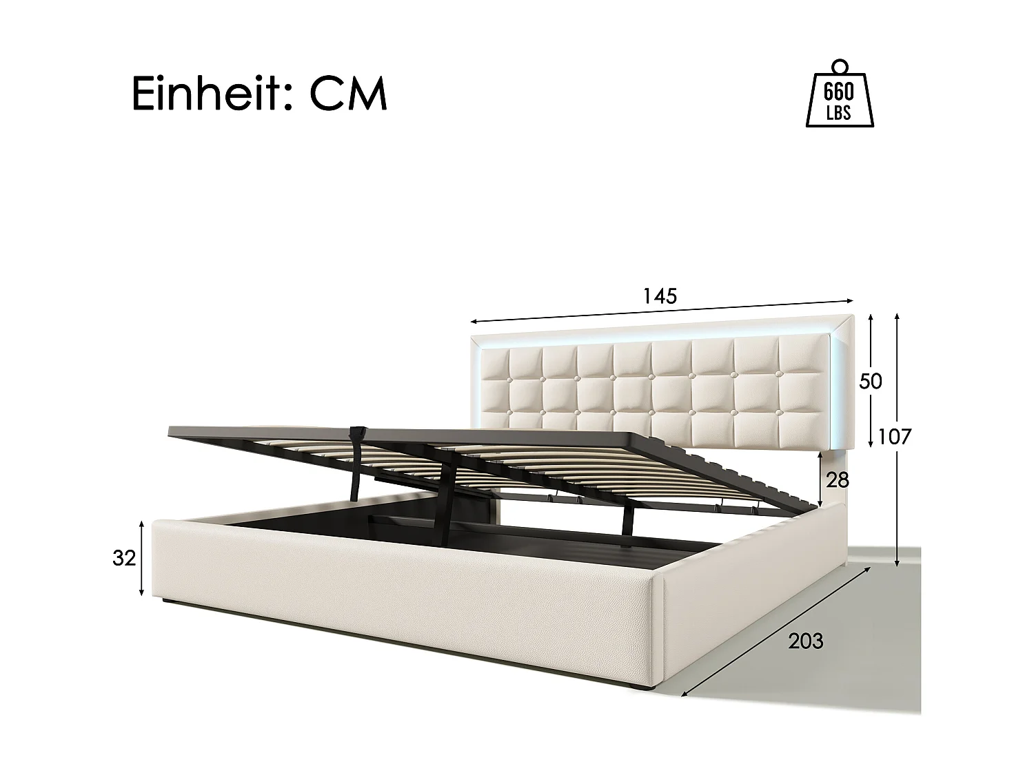 Lit coffre 140x200 cm, LED et sommier à lattes, rangement hydraulique, similicuir PU blanc(Sans matelas)
