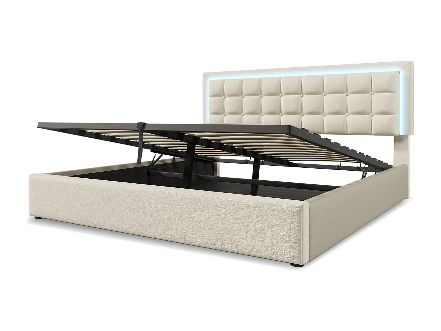 Lit coffre 140x200 cm, LED et sommier à lattes, rangement hydraulique, similicuir PU blanc(Sans matelas)