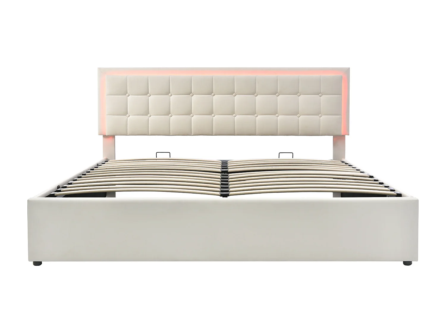 Lit coffre 140x200 cm, LED et sommier à lattes, rangement hydraulique, similicuir PU blanc(Sans matelas)