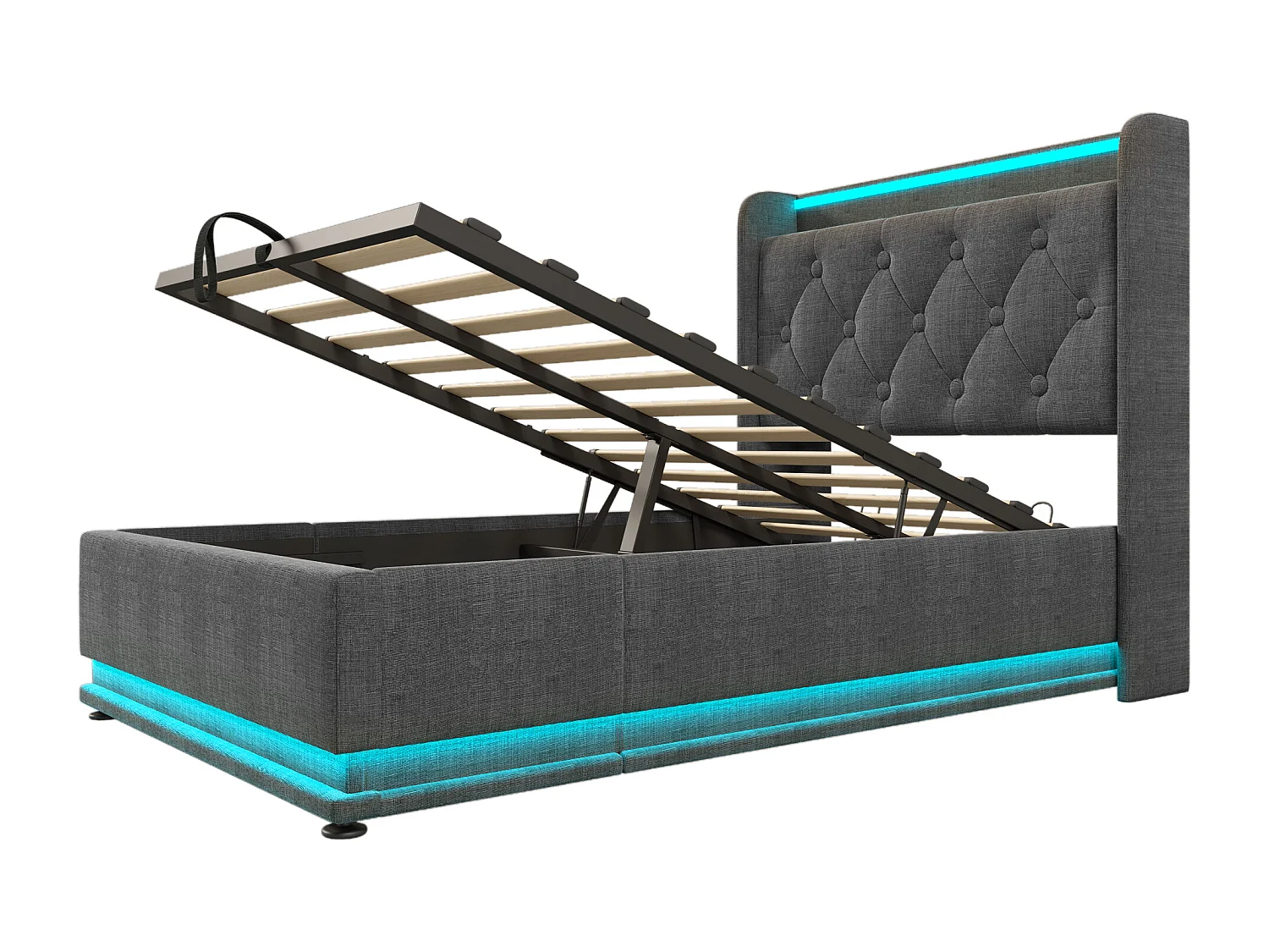 Lit enfant 90x200 cm avec rangement et lattes en bois - tête de lit avec USB et LED - lin gris - (sans matelas)