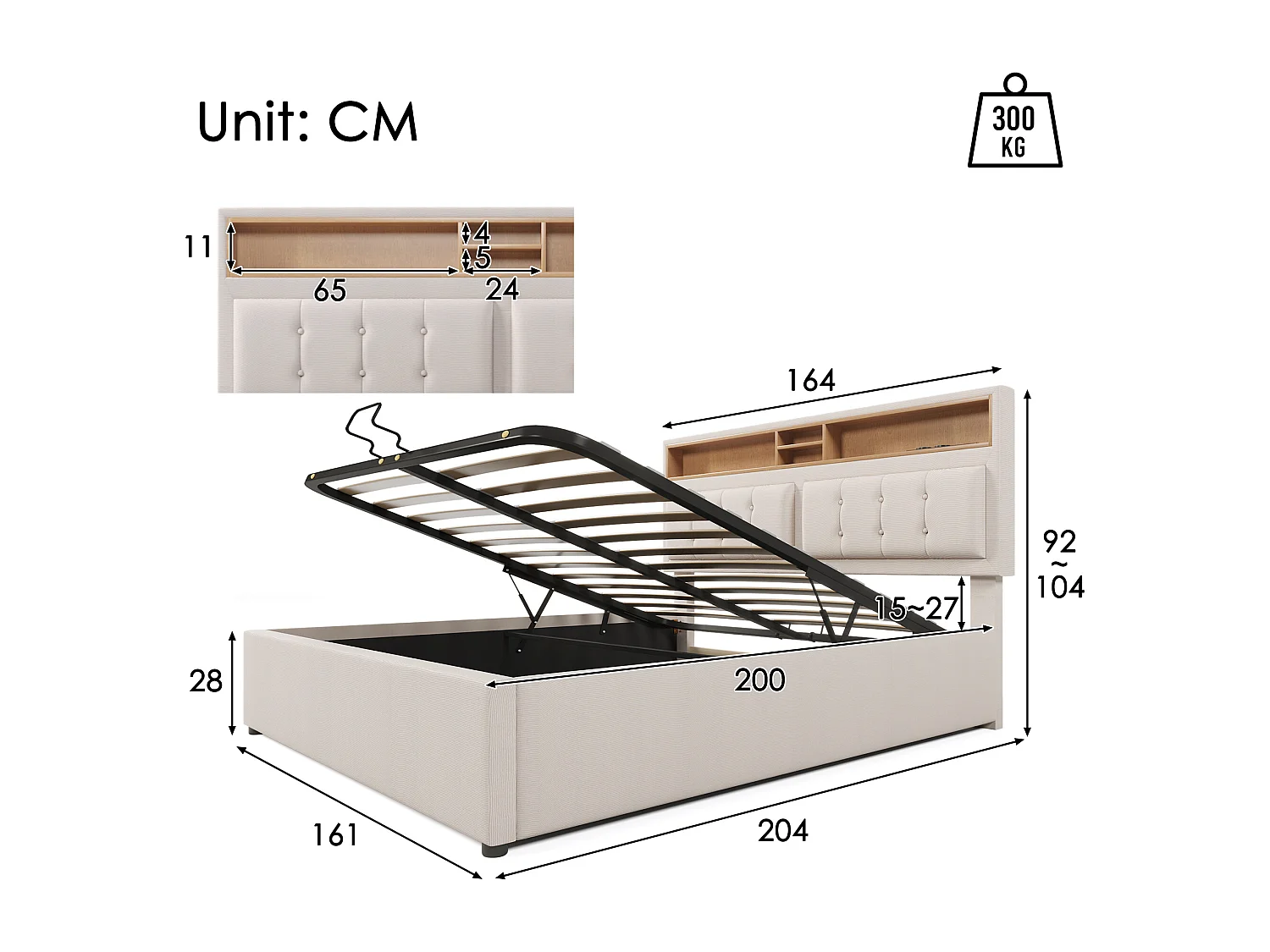 Lit coffre 160x200 cm avec tête de lit réglable et prises USB Type C, lin beige (Sans matelas)