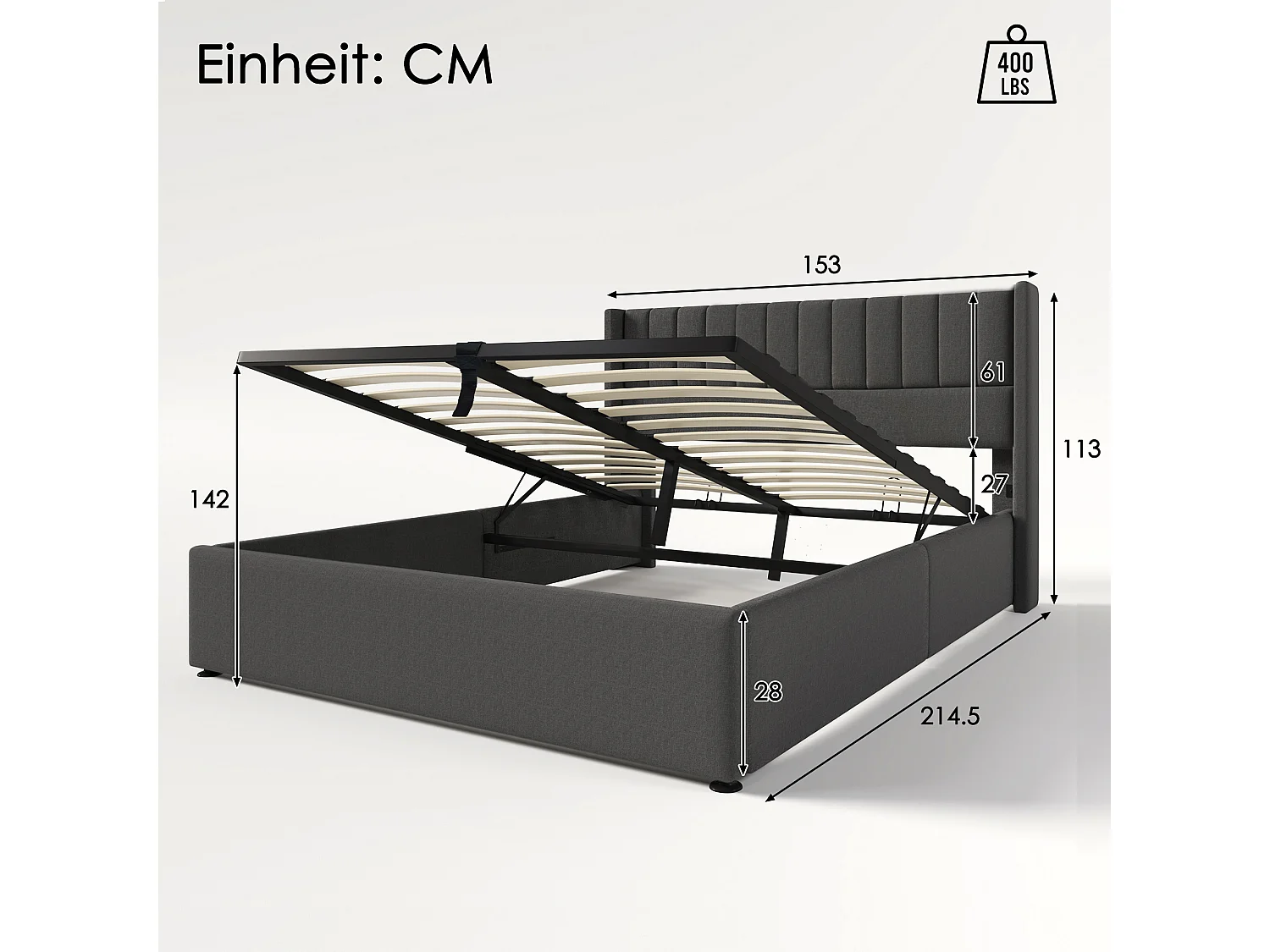Lit coffre 140x200 cm avec tête de lit rembourrée et sommier relevable en lin gris (Sans matelas)